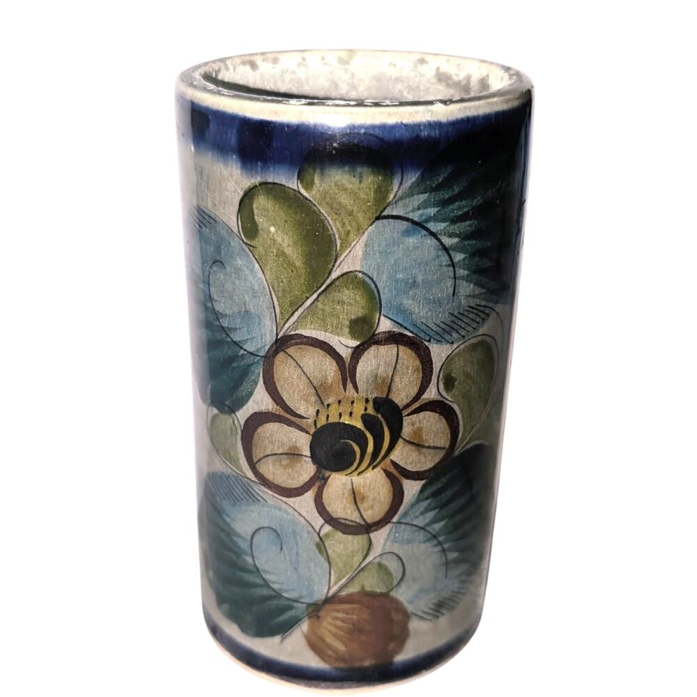 Vintage Tonala Mexico Pottery Floral Cylinder Vase Blue Green Gray 5.25 in. tall